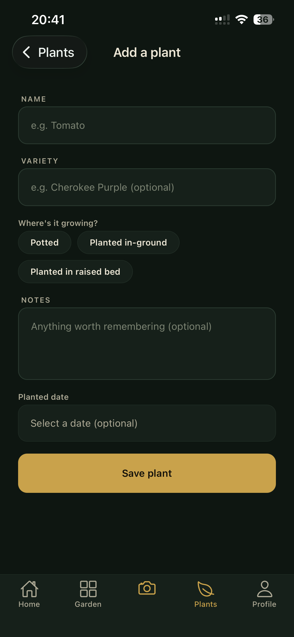 The add-a-plant screen, logging a plant's name, variety, container, and planting date