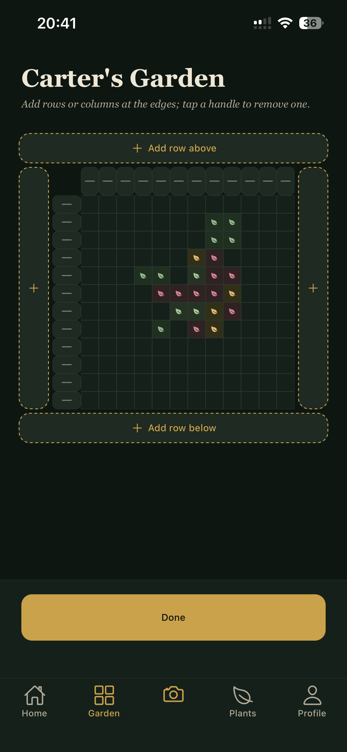 The app's garden edit mode, adjusting beds on the grid