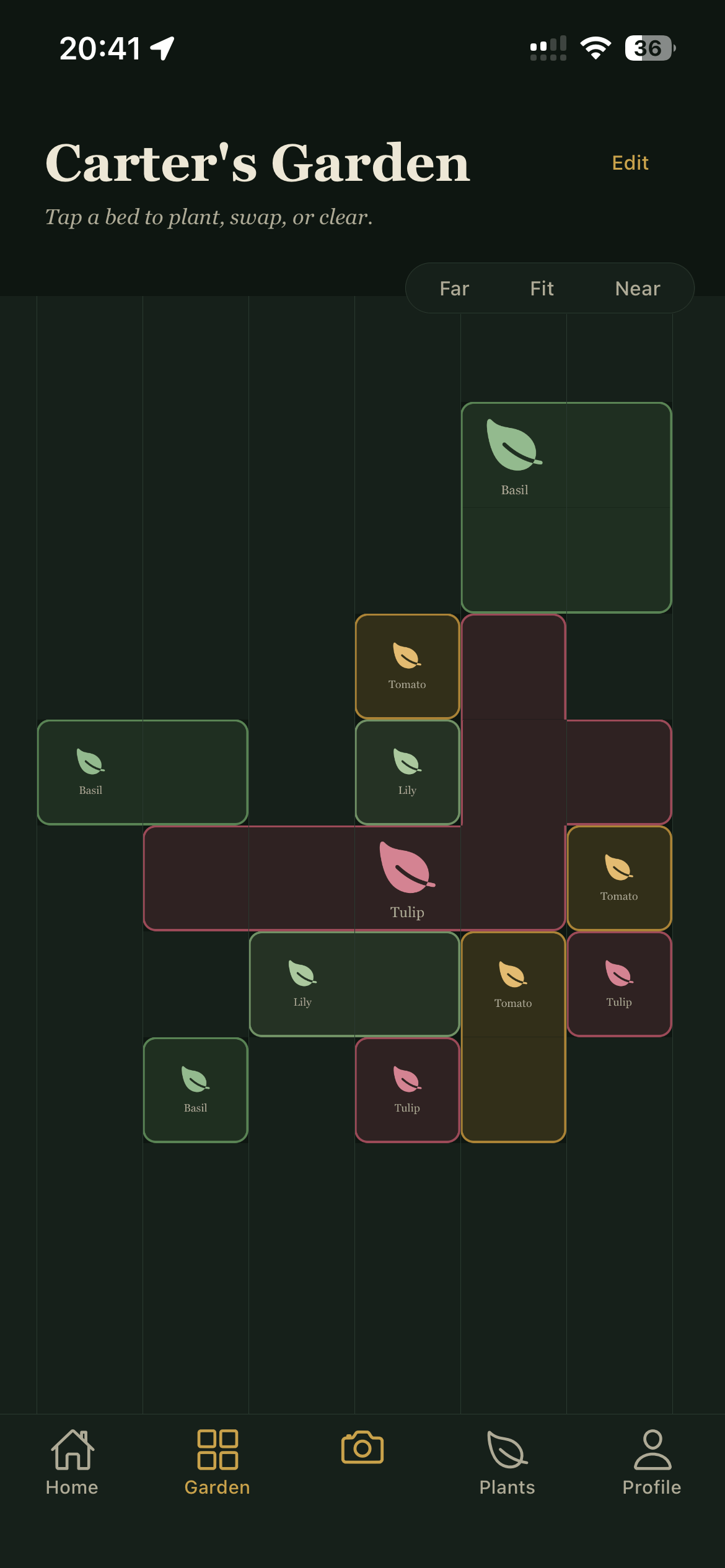 The CarterGarden app showing a visual garden plot grid with planted beds laid out