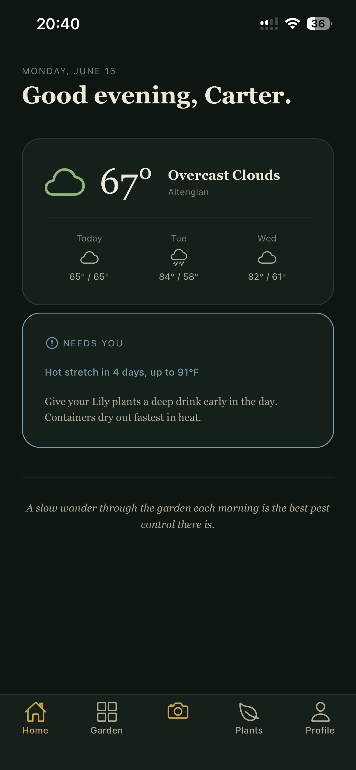 The app home screen with an evening greeting and weather alerts for the garden