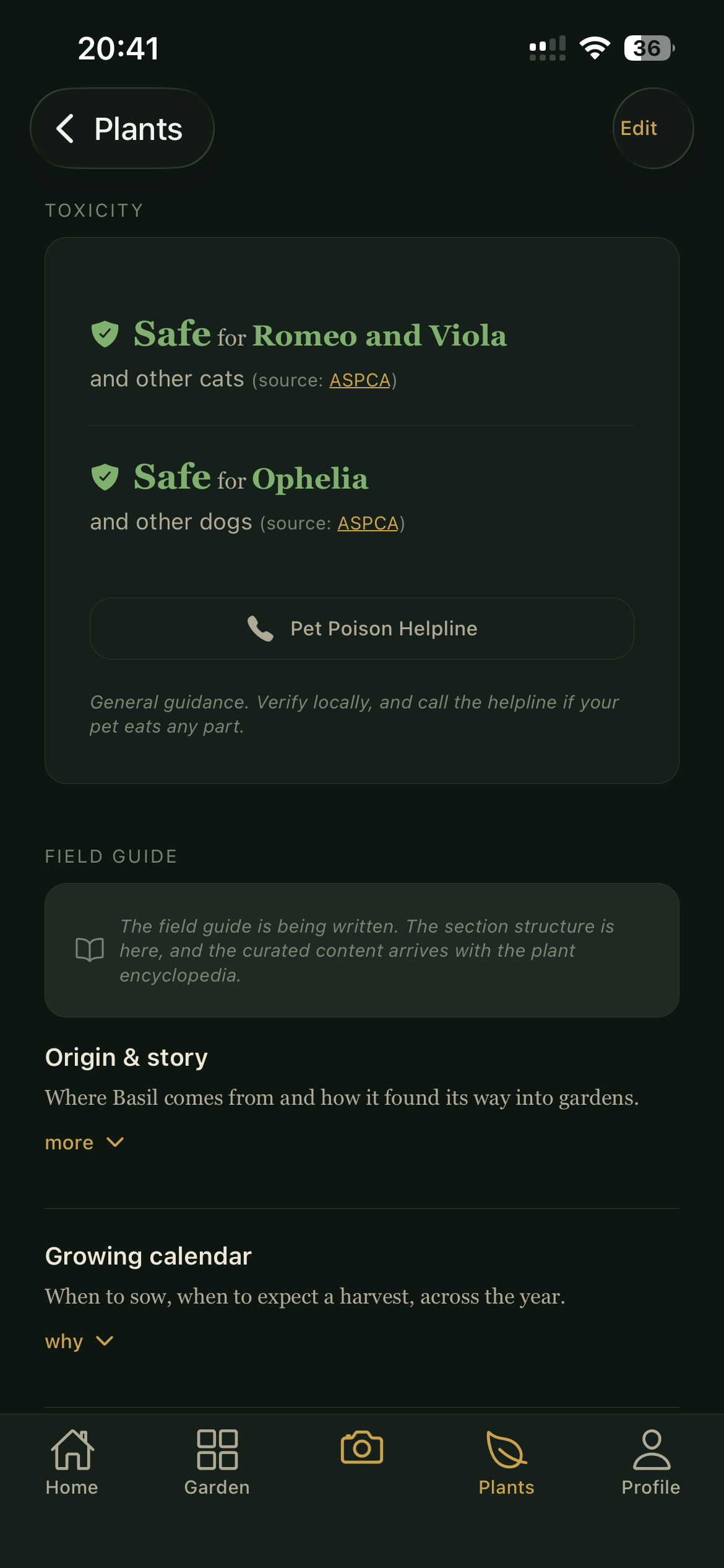 A plant's detail screen in the app showing whether it is toxic to cats and dogs